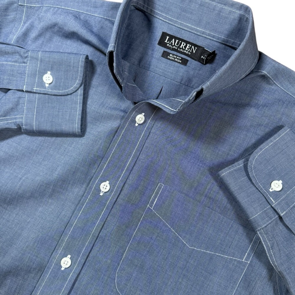 Ralph Lauren Slim Fit Mens 15 Medium Non Iron Chambray Long Sleeve Button Up